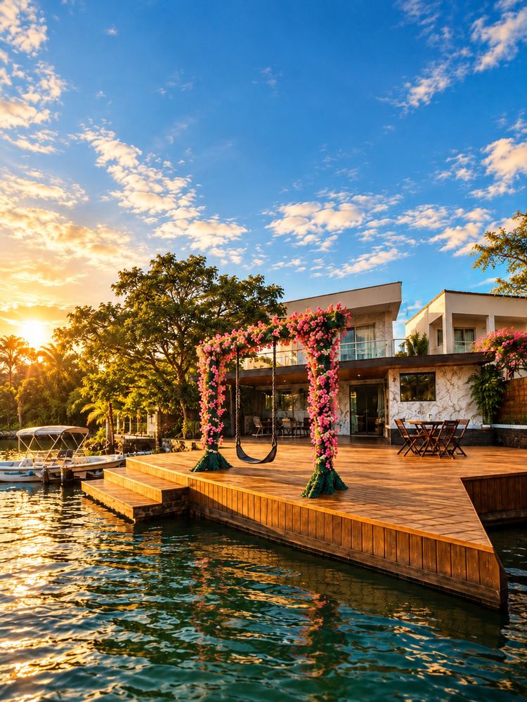 Pousada Ilha da Fantasia - deck com balanço de flores e piscina ao pôr do sol
