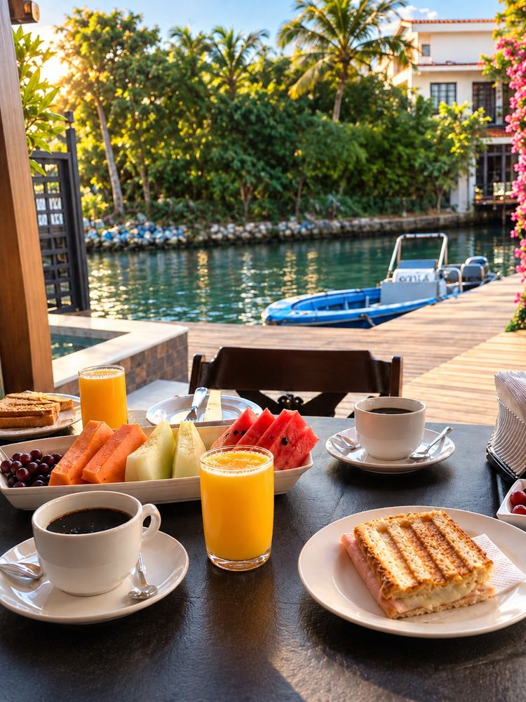 Pousada Ilha da Fantasia - café da manhã servido com vista para a lagoa