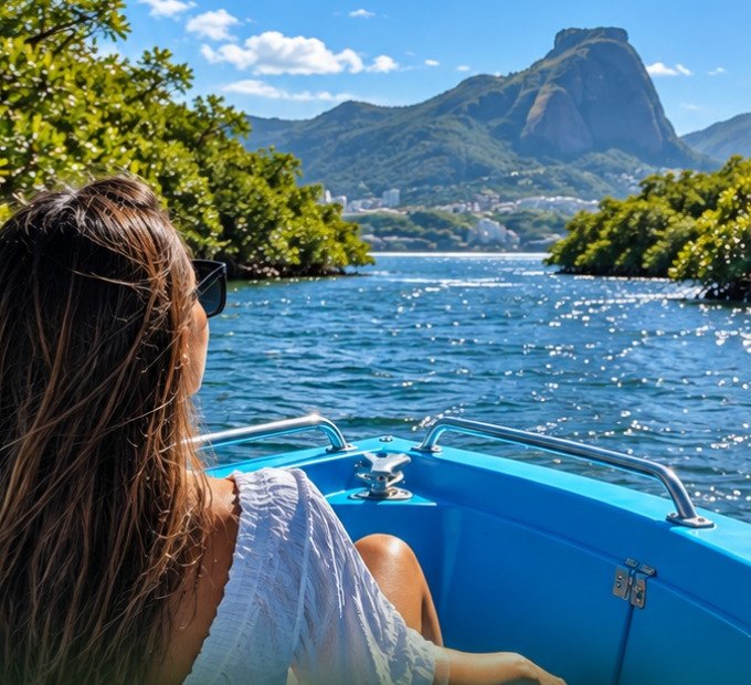 Pousada Ilha da Fantasia - passeio de barco pela lagoa com a Pedra da Gávea ao fundo