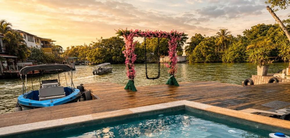 Pousada Ilha da Fantasia - piscina e deck no fim da tarde